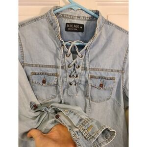 Peasant‎ Shirt Youth Med Blue 100% Cotton Denim Lace Up Pullover Long Sleeve